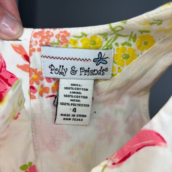 POLLY & FRIENDS Sundress Girls 4 Pink Yellow Floral Sleeveless - Picture 2 of 3